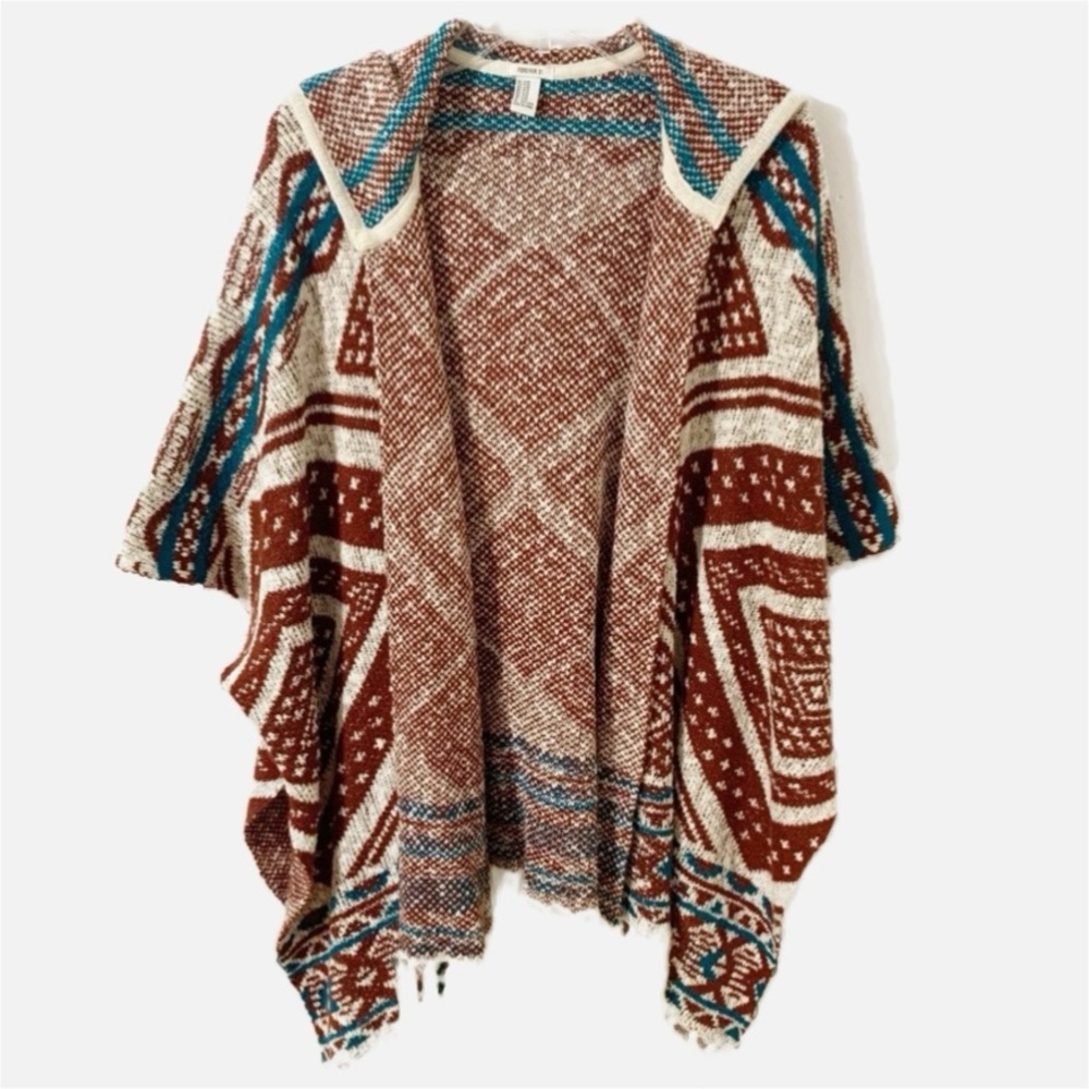 Forever 21 Poncho Sweater Throw Over with Fringed Hem Hood Geometric Design Boho
